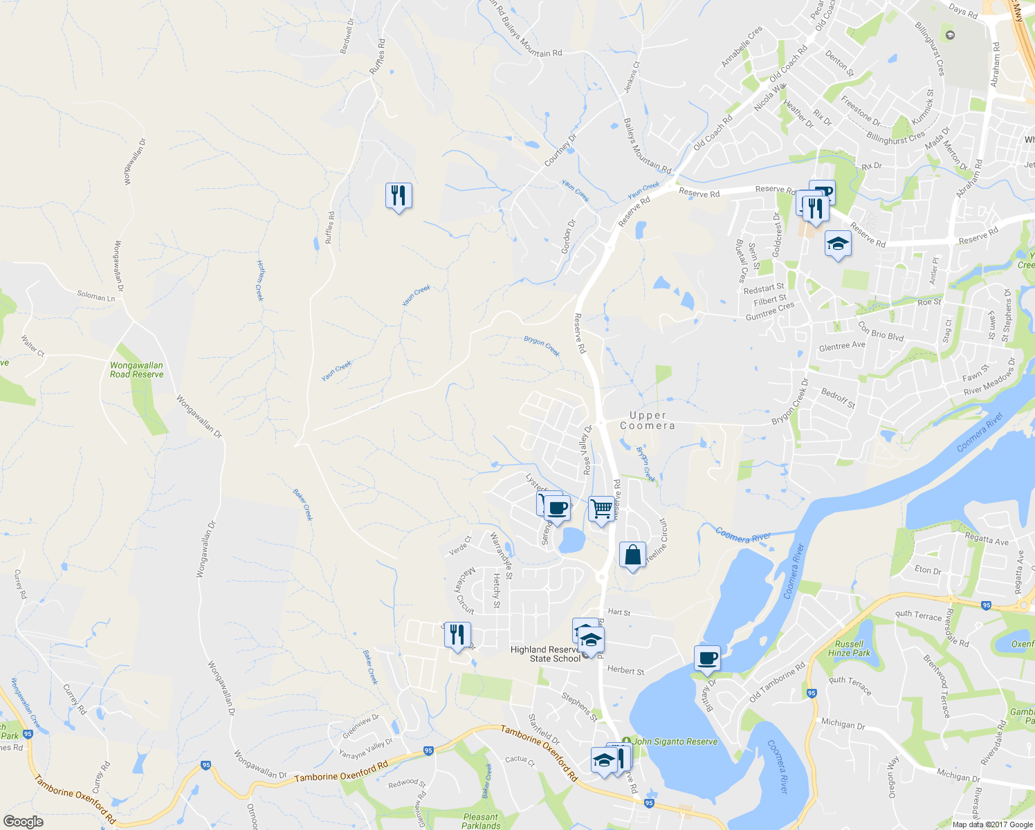 map of restaurants, bars, coffee shops, grocery stores, and more near Barri Lane in Upper Coomera