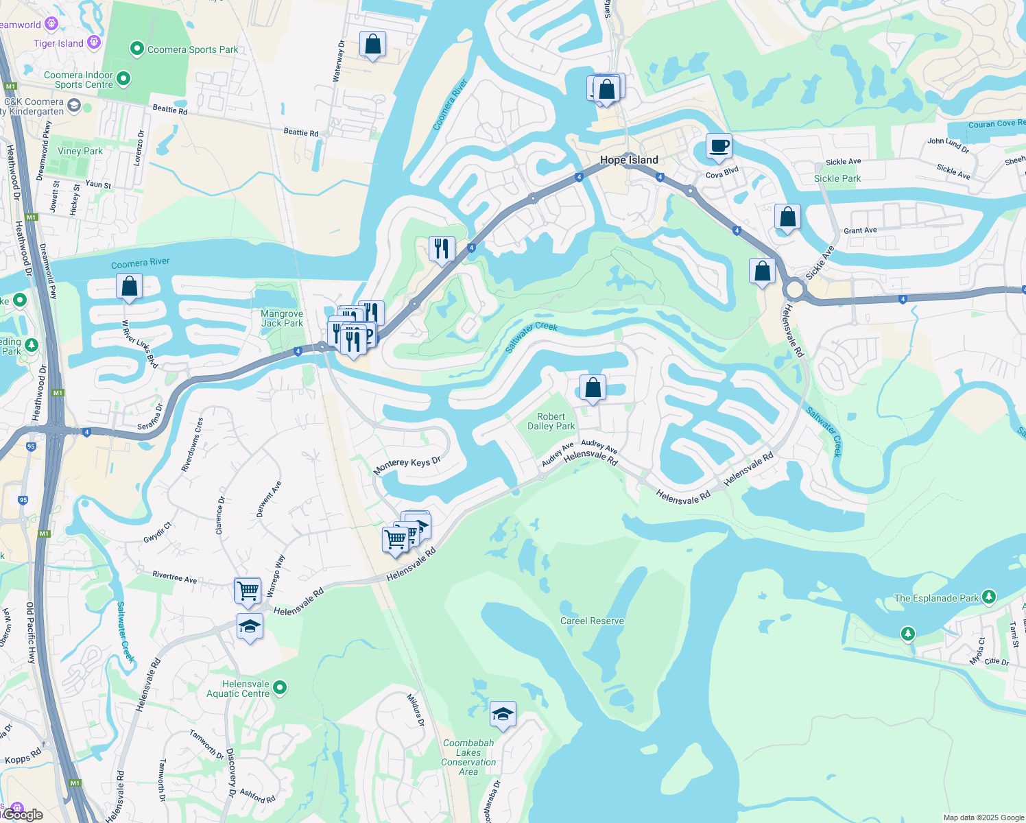map of restaurants, bars, coffee shops, grocery stores, and more near 41 Parkwater Terrace in Helensvale