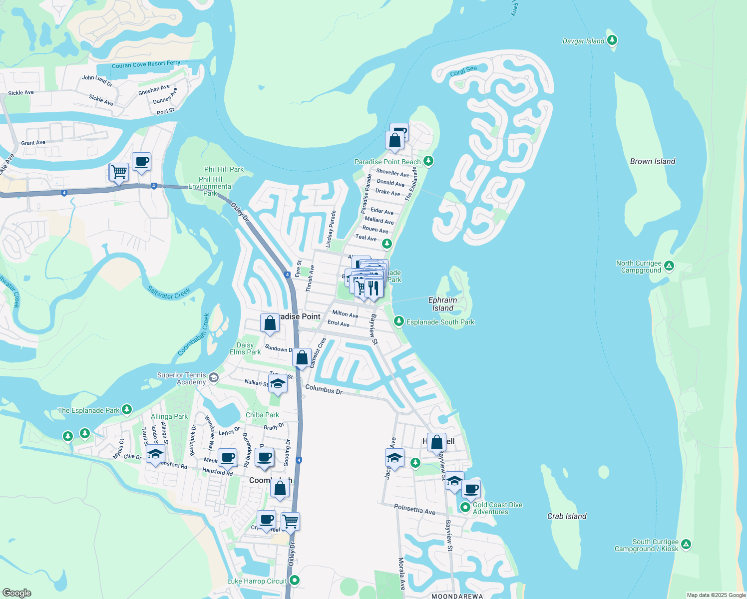 map of restaurants, bars, coffee shops, grocery stores, and more near 1 Grice Avenue in Paradise Point