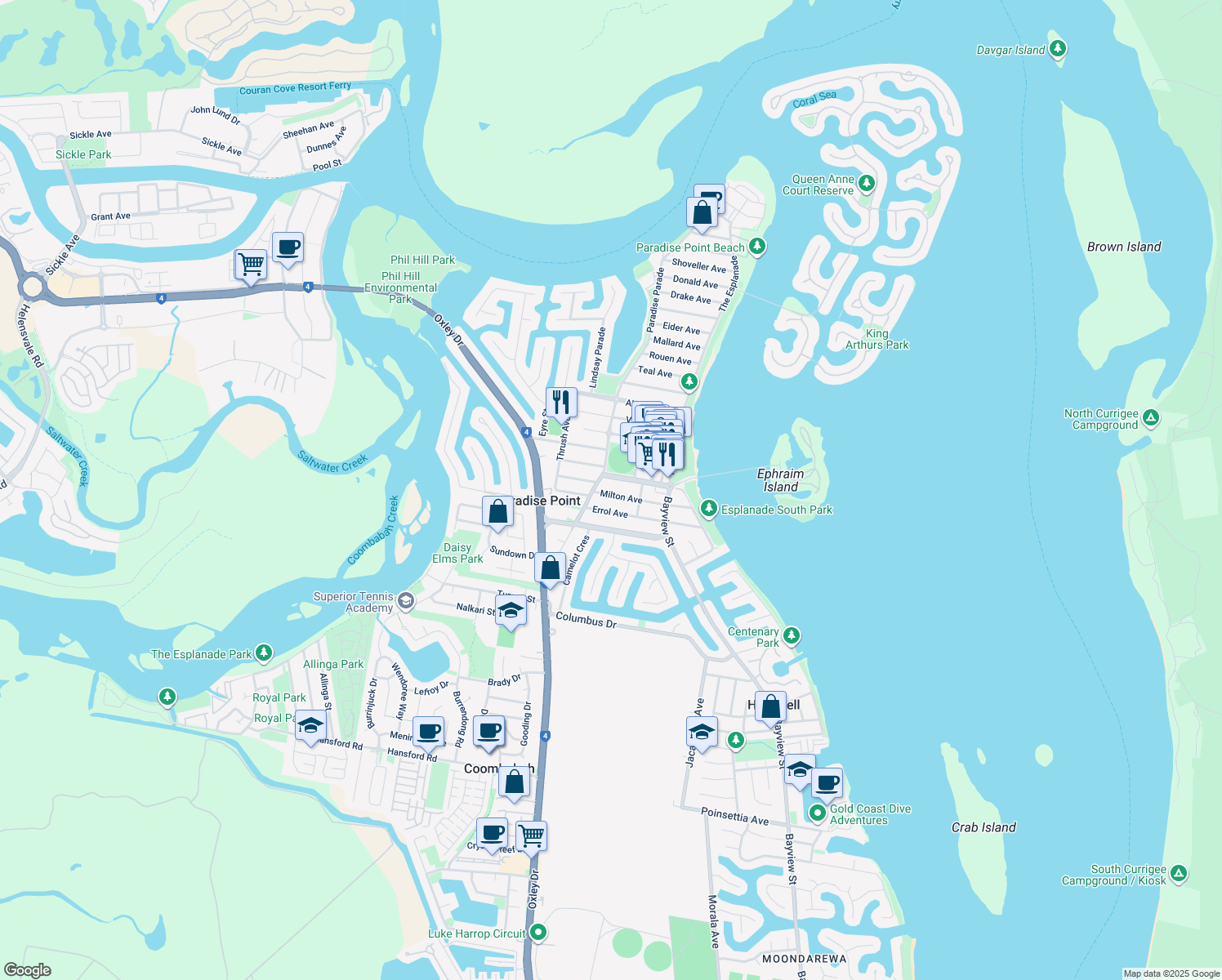 map of restaurants, bars, coffee shops, grocery stores, and more near 53 Milton Avenue in Paradise Point