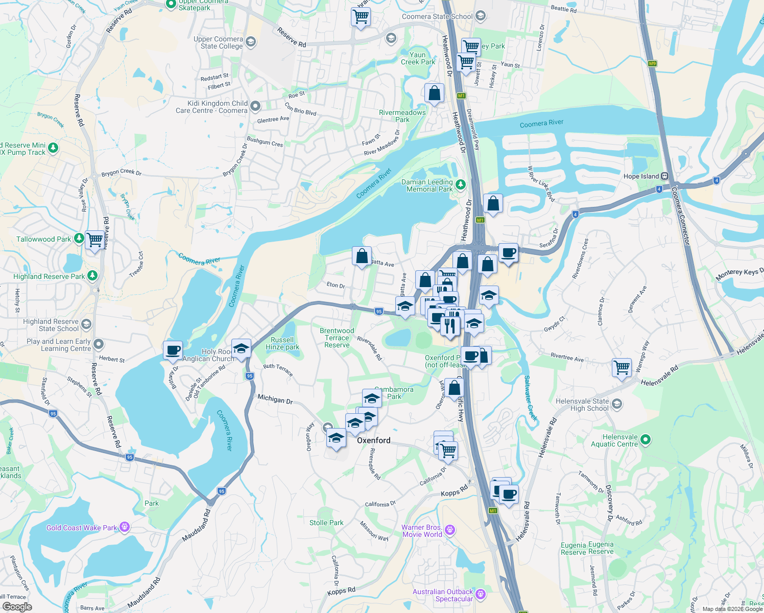 map of restaurants, bars, coffee shops, grocery stores, and more near 13 Ontario Court in Oxenford