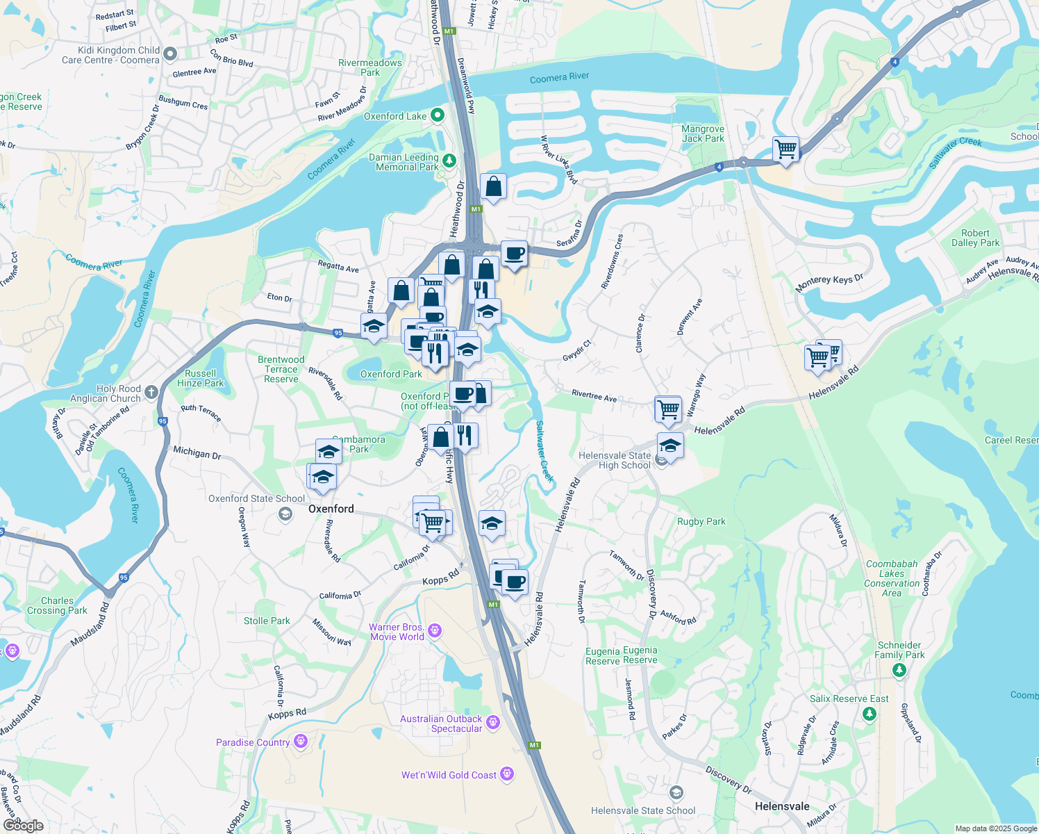 map of restaurants, bars, coffee shops, grocery stores, and more near in Helensvale