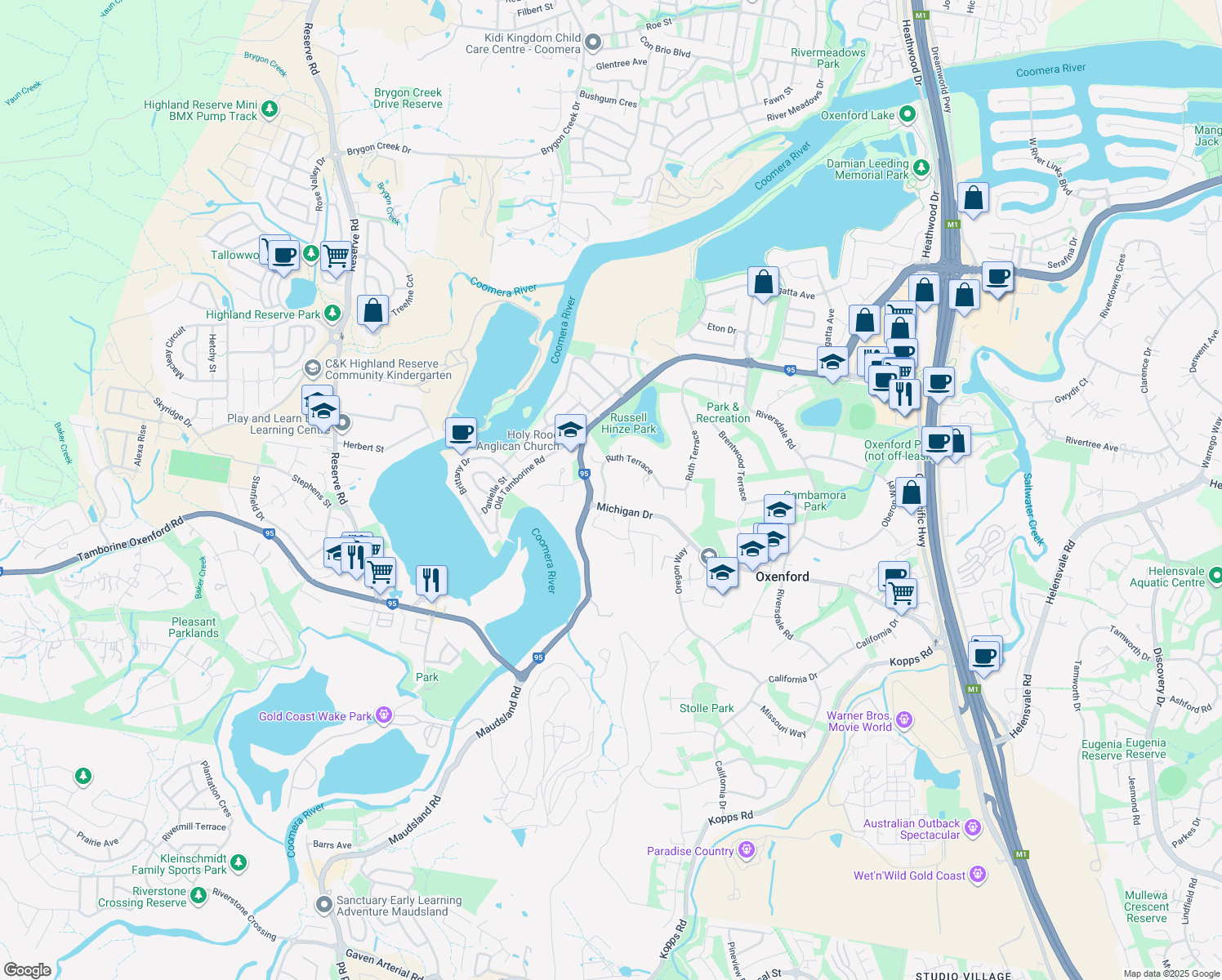 map of restaurants, bars, coffee shops, grocery stores, and more near 50 Ruth Terrace in Oxenford