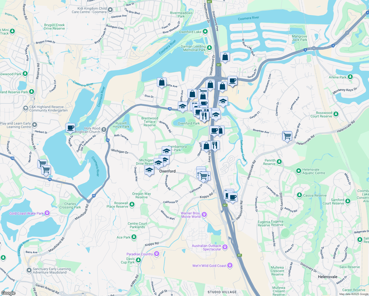 map of restaurants, bars, coffee shops, grocery stores, and more near 22 Riversdale Road in Oxenford