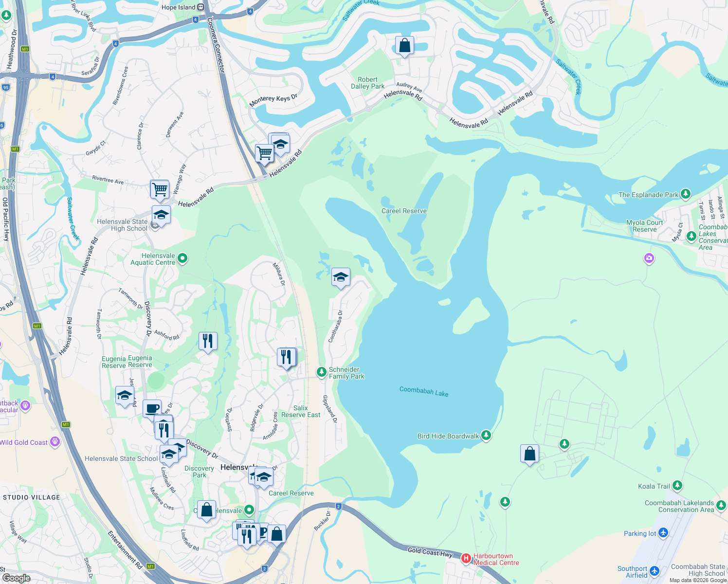 map of restaurants, bars, coffee shops, grocery stores, and more near 35 Corringle Close in Helensvale