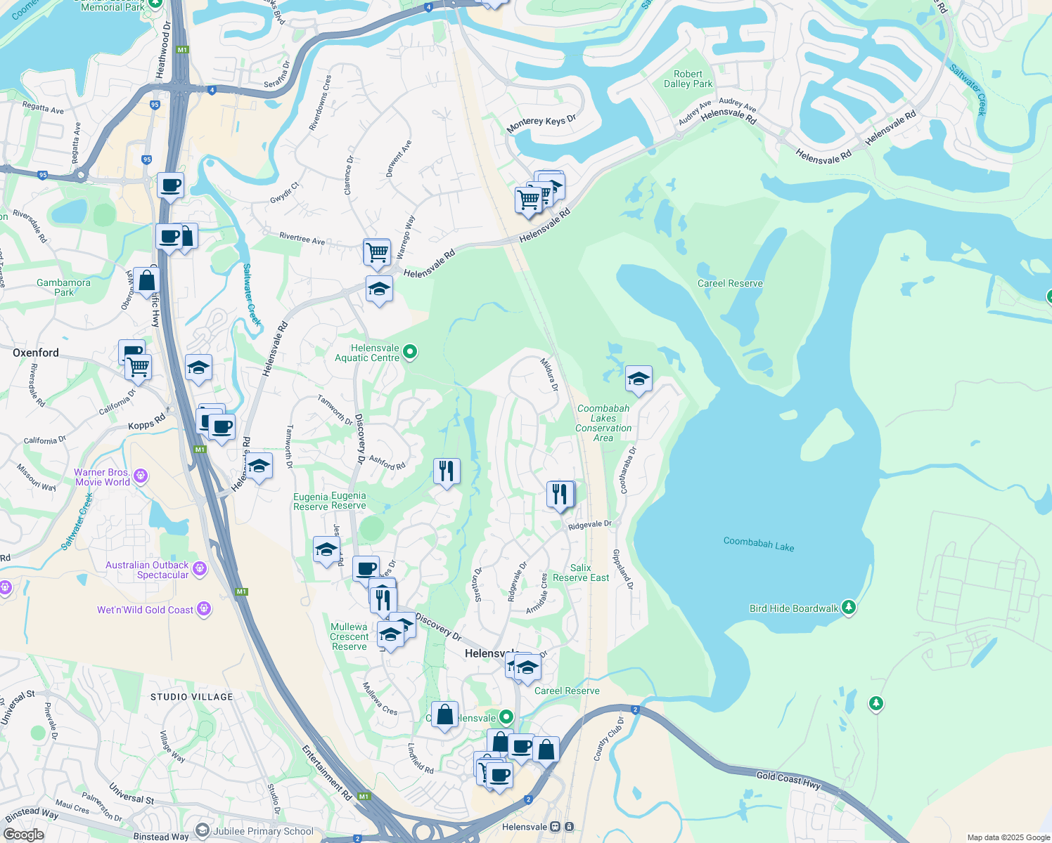 map of restaurants, bars, coffee shops, grocery stores, and more near 5 Mittagong Avenue in Helensvale