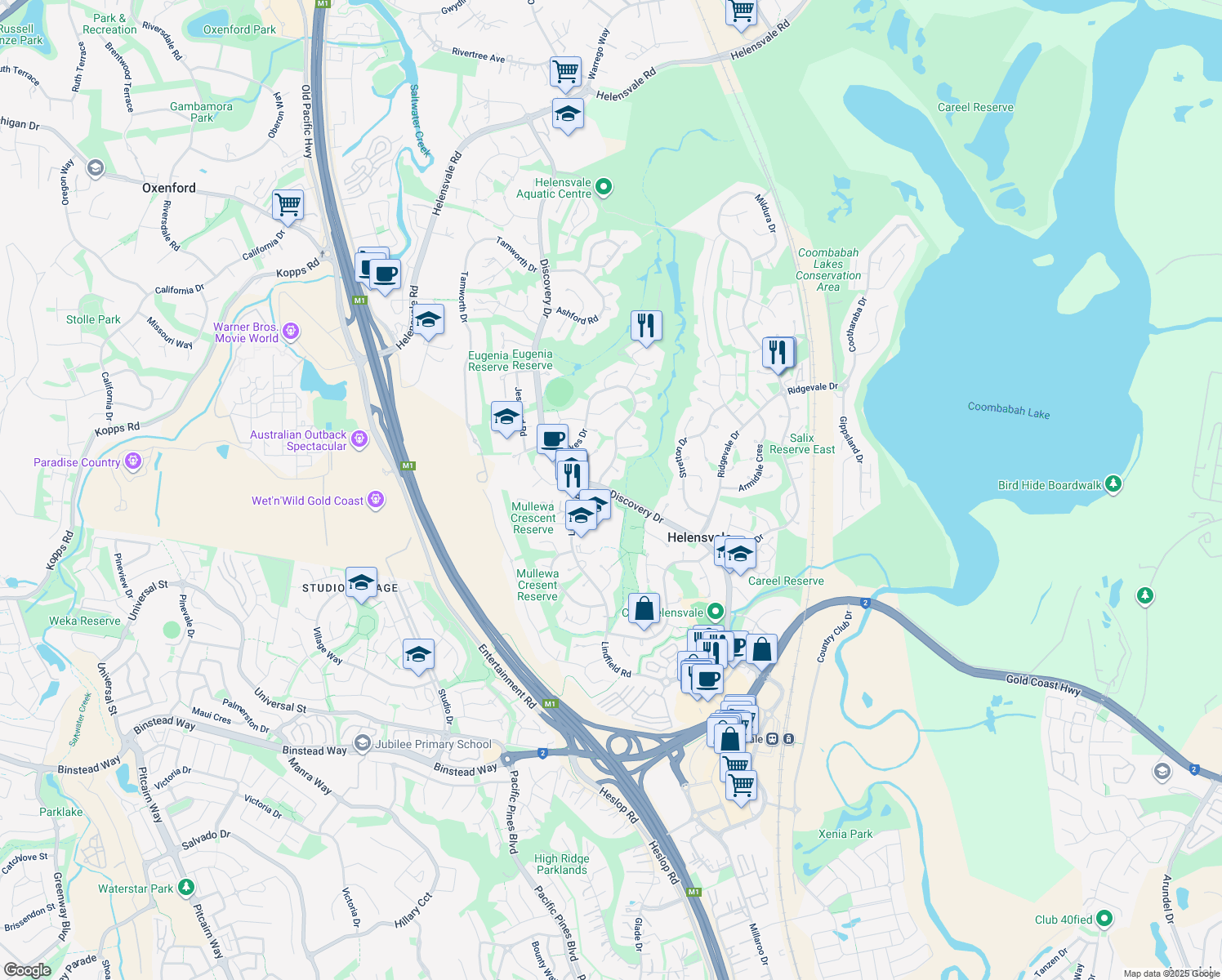map of restaurants, bars, coffee shops, grocery stores, and more near Discovery Drive in Helensvale