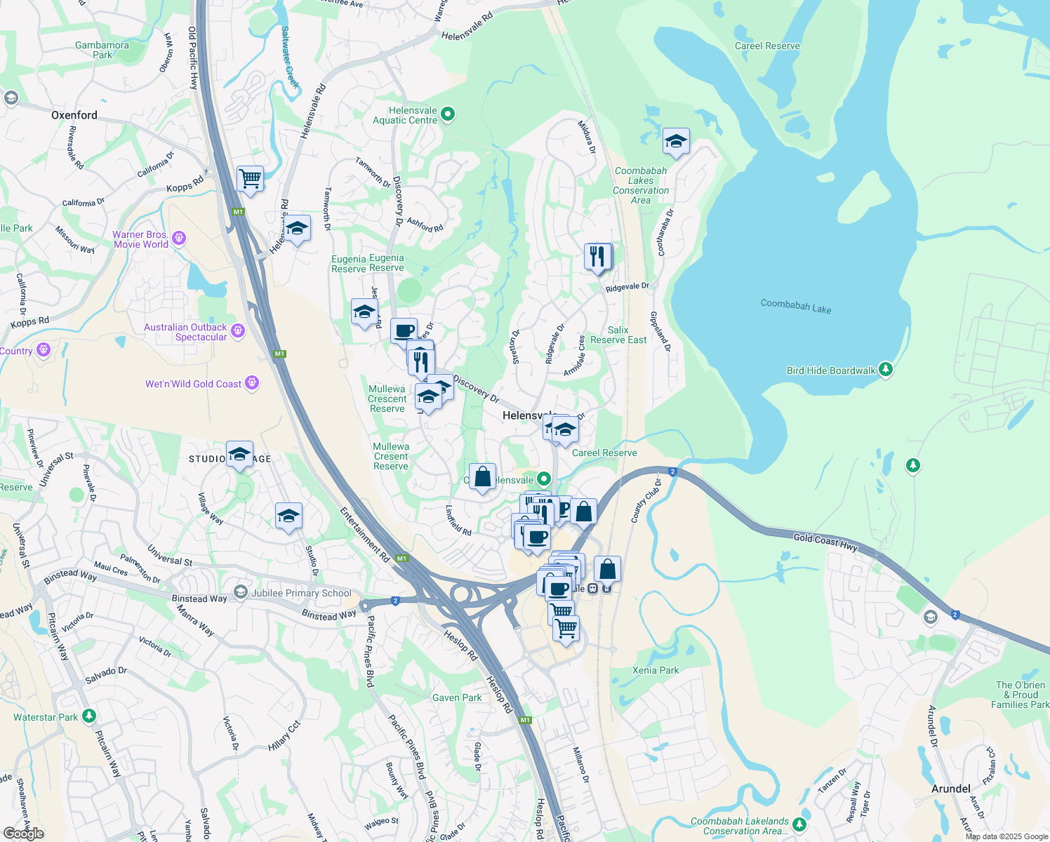 map of restaurants, bars, coffee shops, grocery stores, and more near Discovery Drive in Helensvale