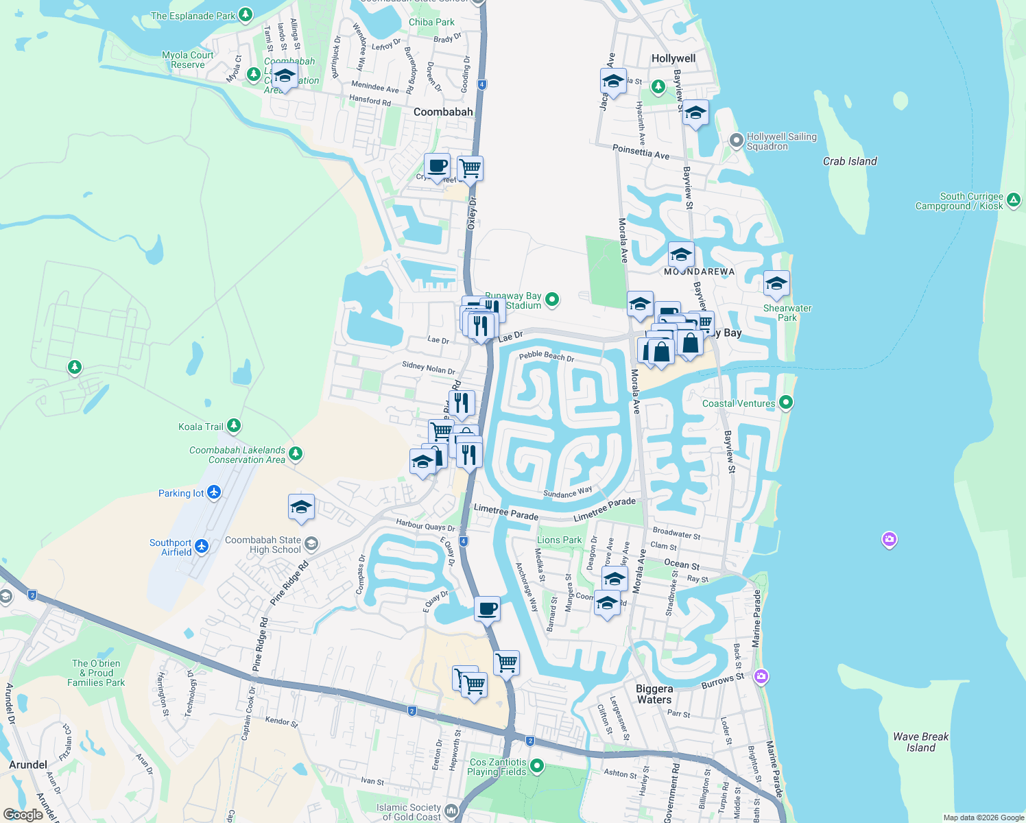 map of restaurants, bars, coffee shops, grocery stores, and more near 119 Pebble Beach Drive in Runaway Bay