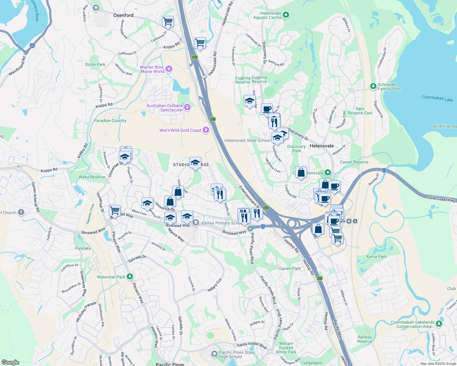 map of restaurants, bars, coffee shops, grocery stores, and more near 16 Chaplin Crescent in Oxenford