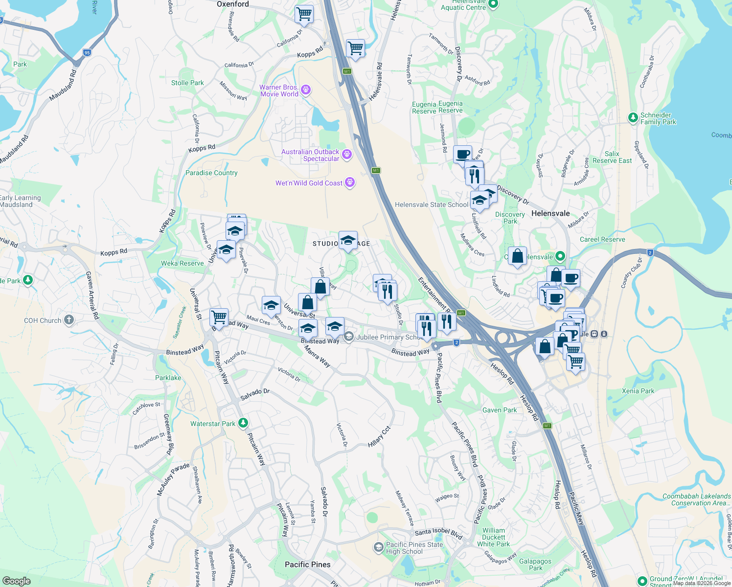 map of restaurants, bars, coffee shops, grocery stores, and more near 14 Fonda Place in Oxenford