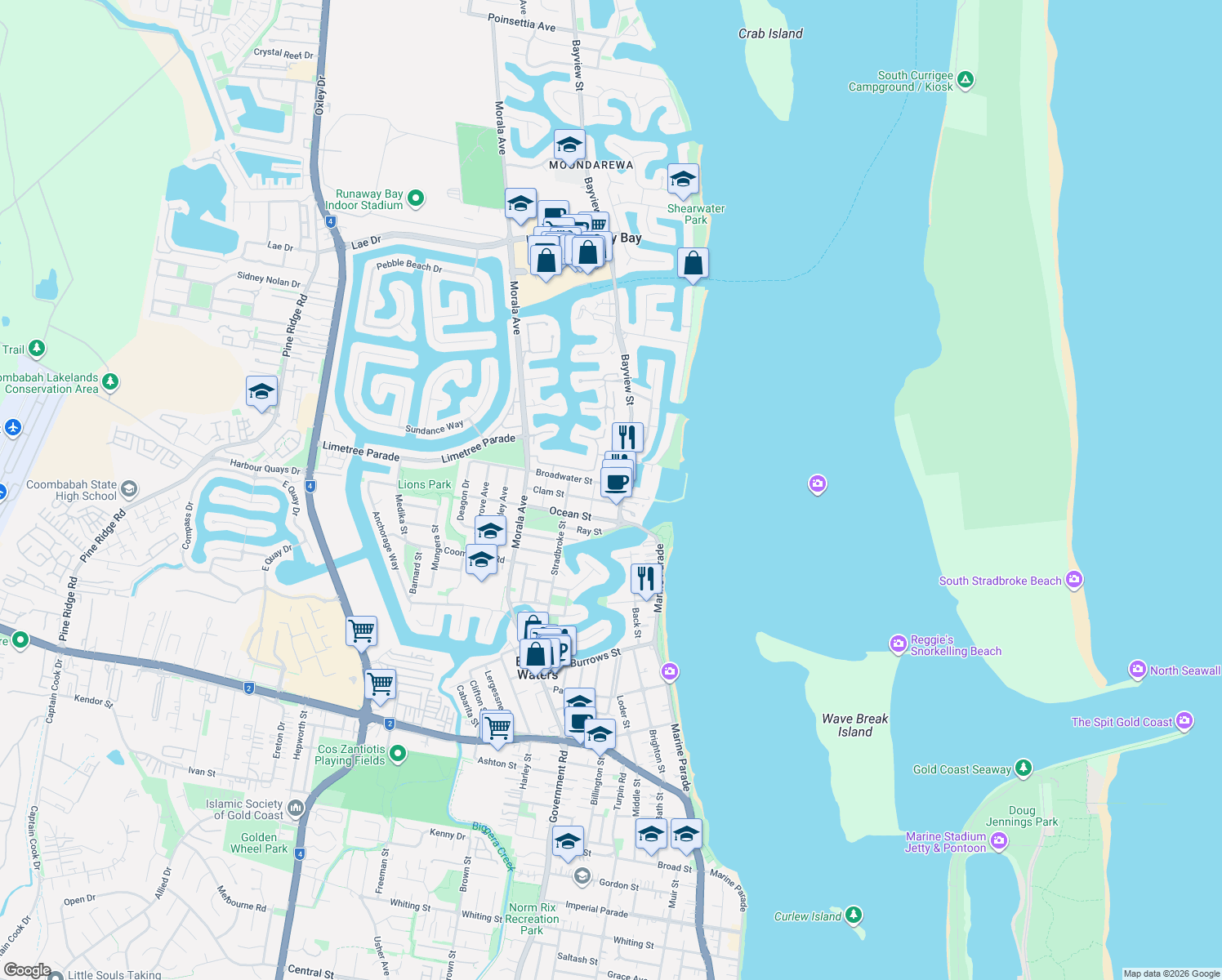 map of restaurants, bars, coffee shops, grocery stores, and more near 6 Broadwater Street in Runaway Bay