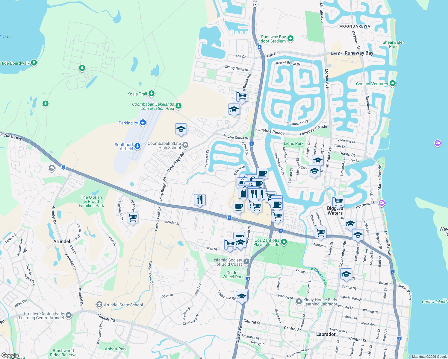 map of restaurants, bars, coffee shops, grocery stores, and more near 3 Compass Drive in Biggera Waters