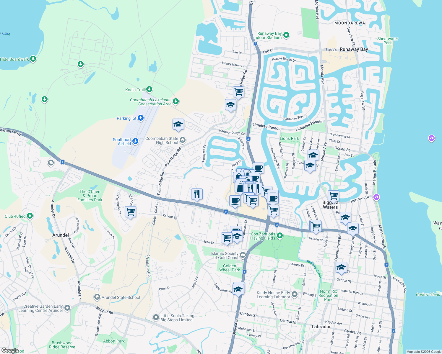 map of restaurants, bars, coffee shops, grocery stores, and more near 4 Compass Drive in Biggera Waters