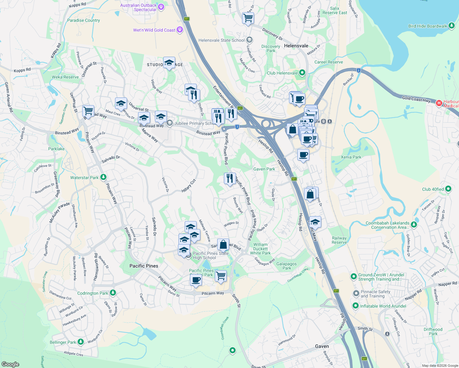 map of restaurants, bars, coffee shops, grocery stores, and more near 6 Malekula Rise in Pacific Pines