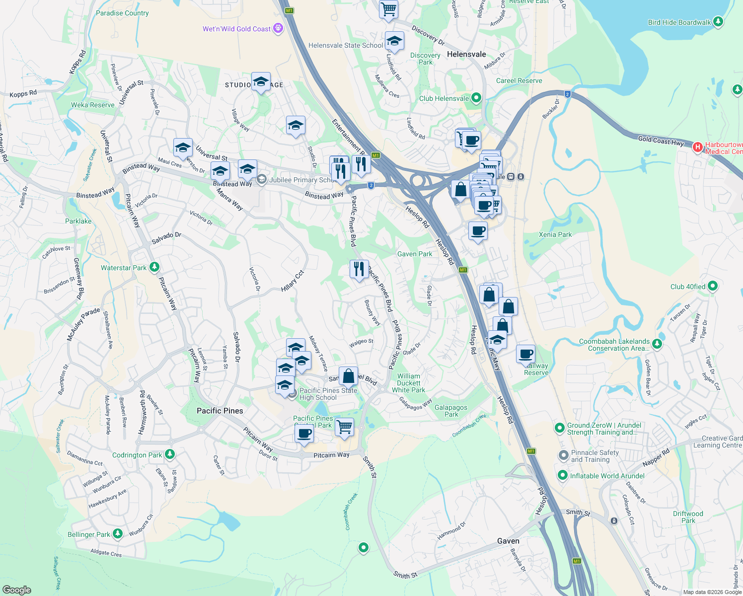 map of restaurants, bars, coffee shops, grocery stores, and more near 8 Papara Street in Pacific Pines