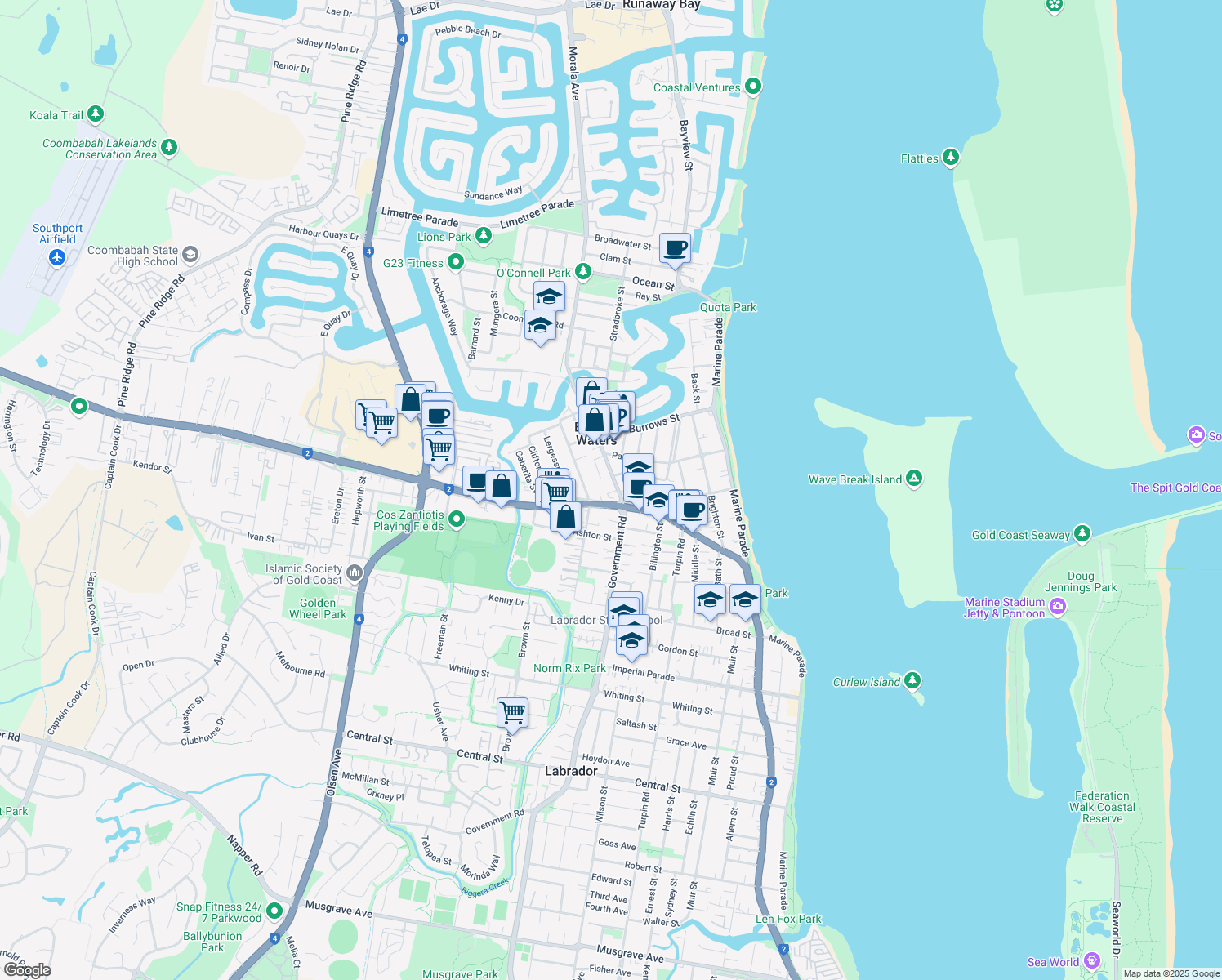 map of restaurants, bars, coffee shops, grocery stores, and more near 10 Hollywell Road in Biggera Waters