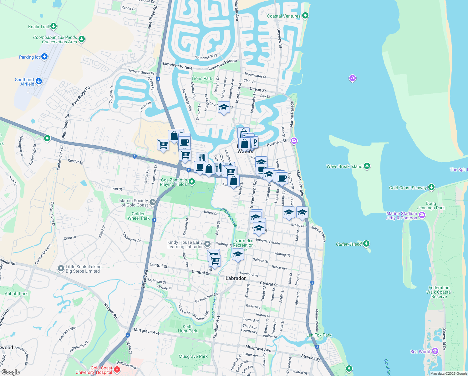 map of restaurants, bars, coffee shops, grocery stores, and more near 24 Ashton Street in Labrador
