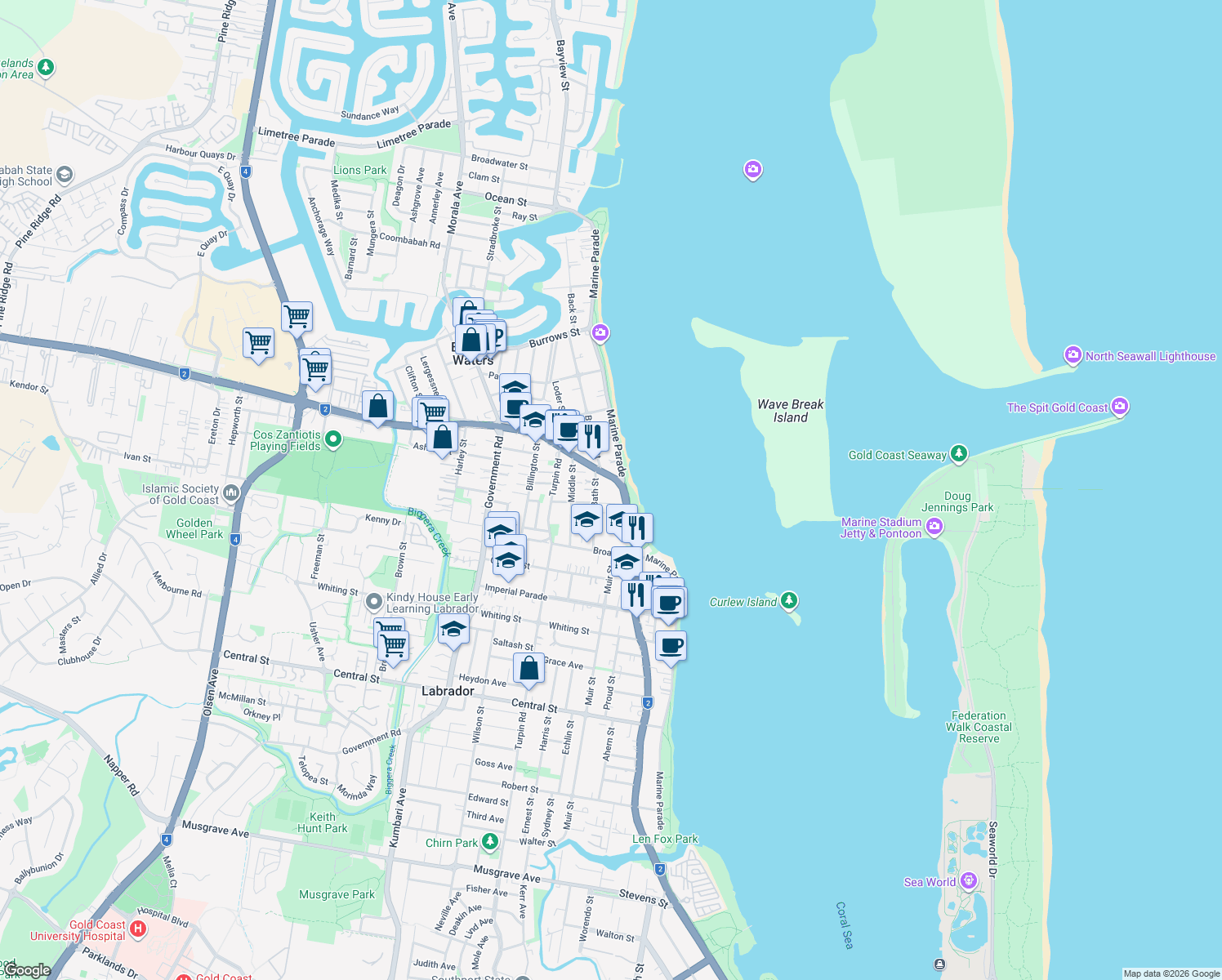 map of restaurants, bars, coffee shops, grocery stores, and more near 392 Marine Parade in Labrador