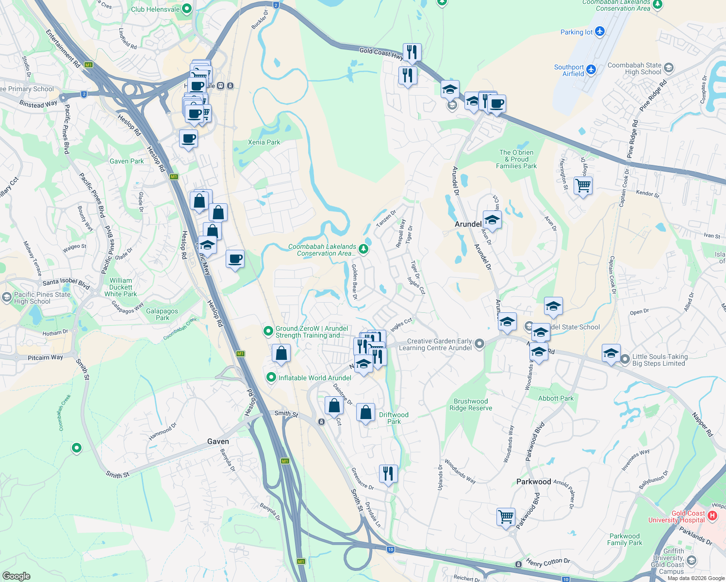 map of restaurants, bars, coffee shops, grocery stores, and more near 8 Noelene Lane in Arundel