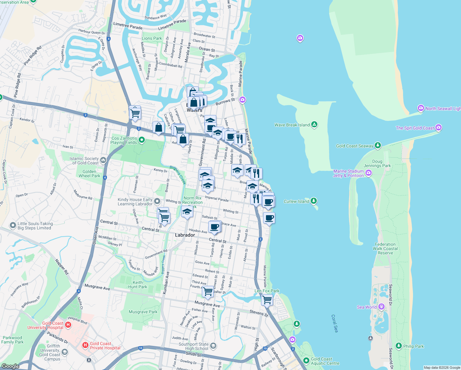 map of restaurants, bars, coffee shops, grocery stores, and more near 36 Broad Street in Labrador