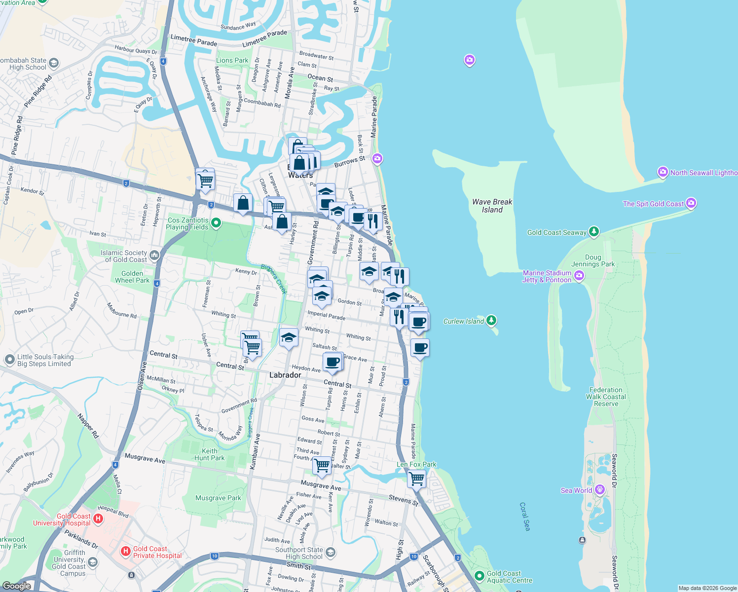 map of restaurants, bars, coffee shops, grocery stores, and more near 30 Broad Street in Labrador