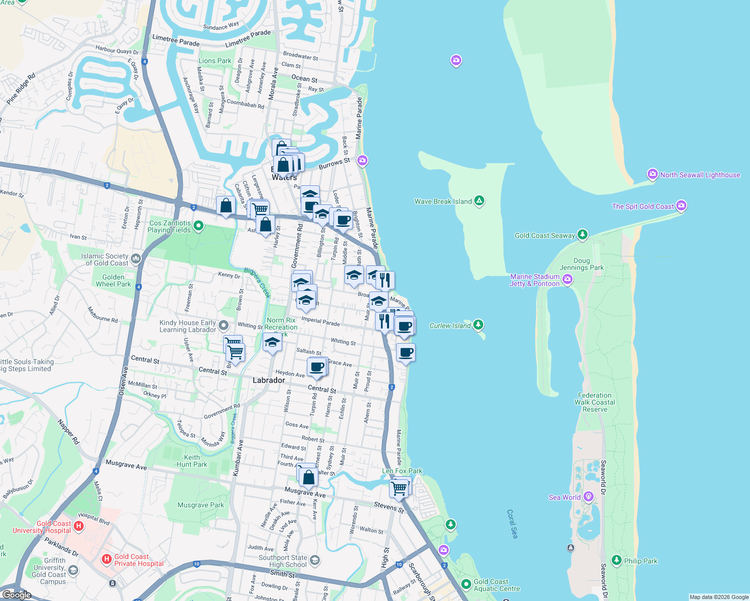 map of restaurants, bars, coffee shops, grocery stores, and more near 6 Broad Street in Labrador