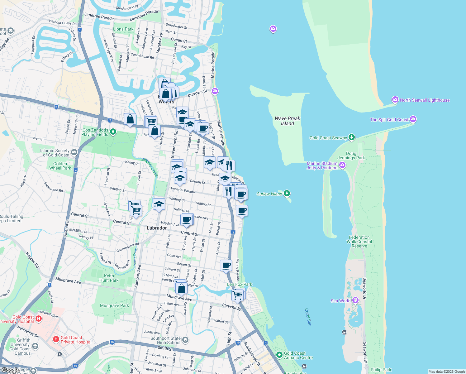 map of restaurants, bars, coffee shops, grocery stores, and more near 38 Labrador Street in Labrador