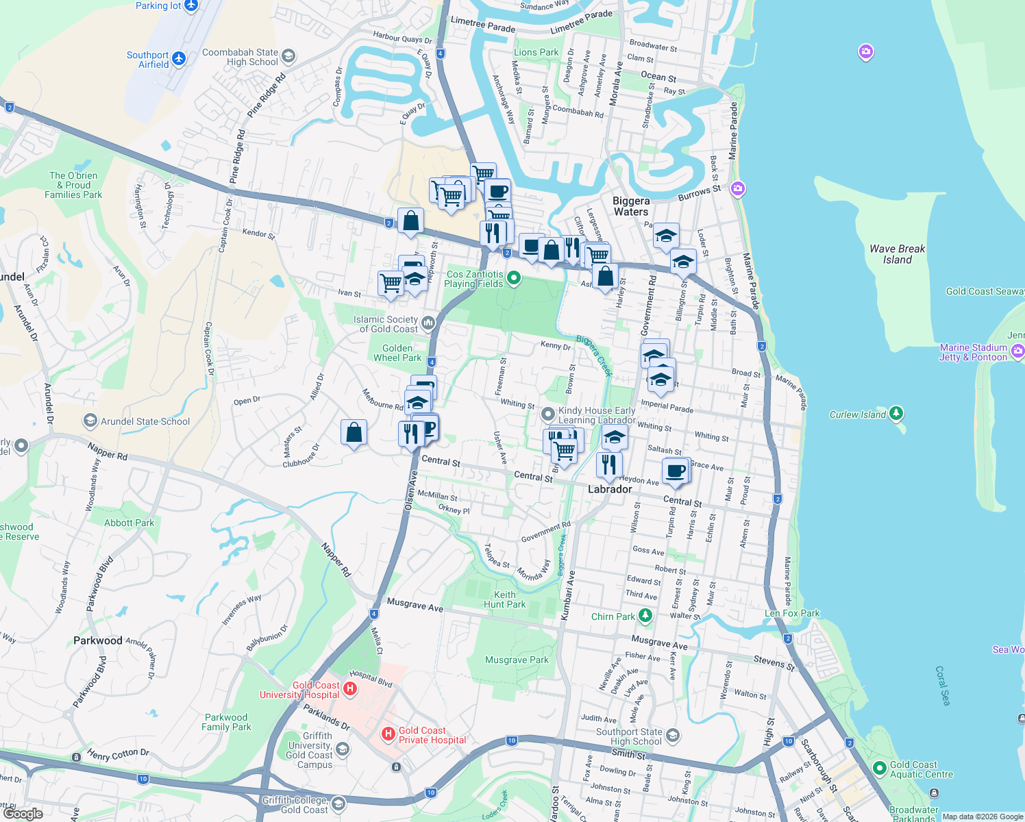 map of restaurants, bars, coffee shops, grocery stores, and more near 12 Cassandra Crescent in Labrador