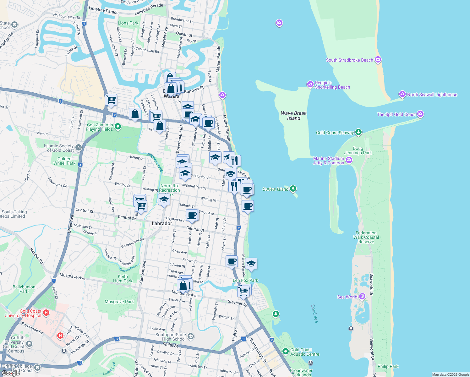 map of restaurants, bars, coffee shops, grocery stores, and more near 143 Frank Street in Labrador