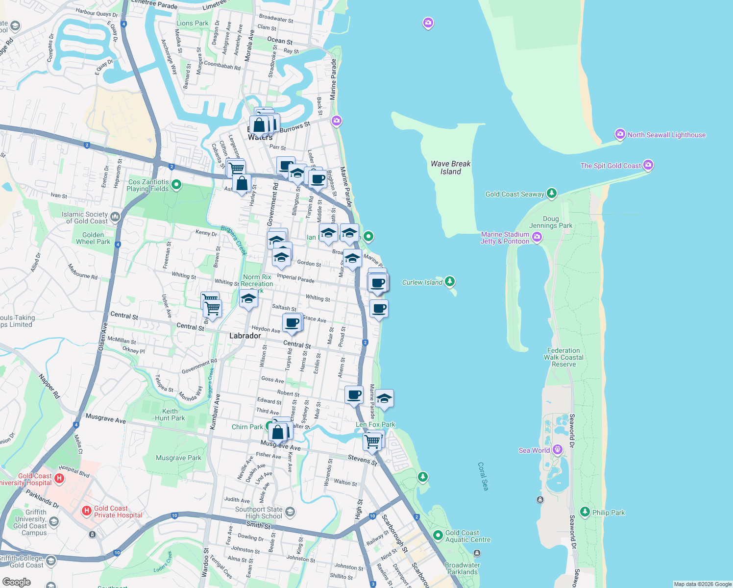 map of restaurants, bars, coffee shops, grocery stores, and more near 12 Imperial Parade in Labrador