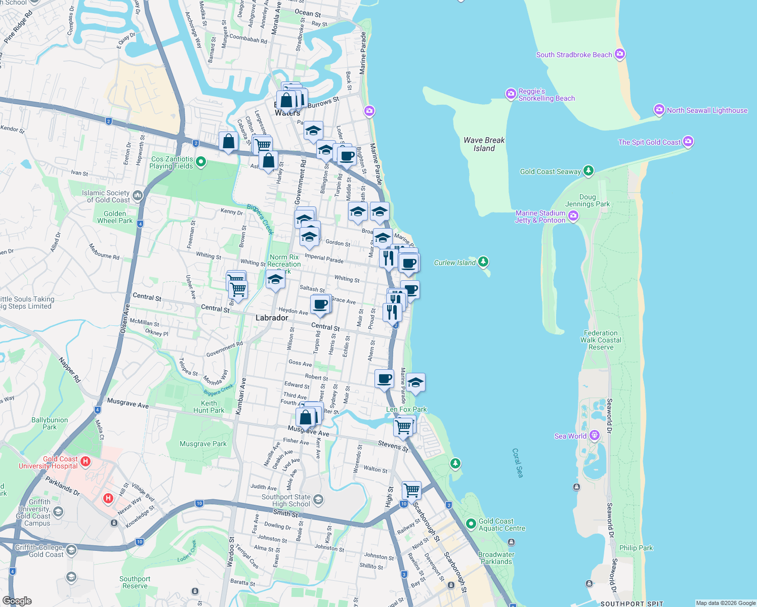 map of restaurants, bars, coffee shops, grocery stores, and more near 19 Hunter Avenue in Labrador