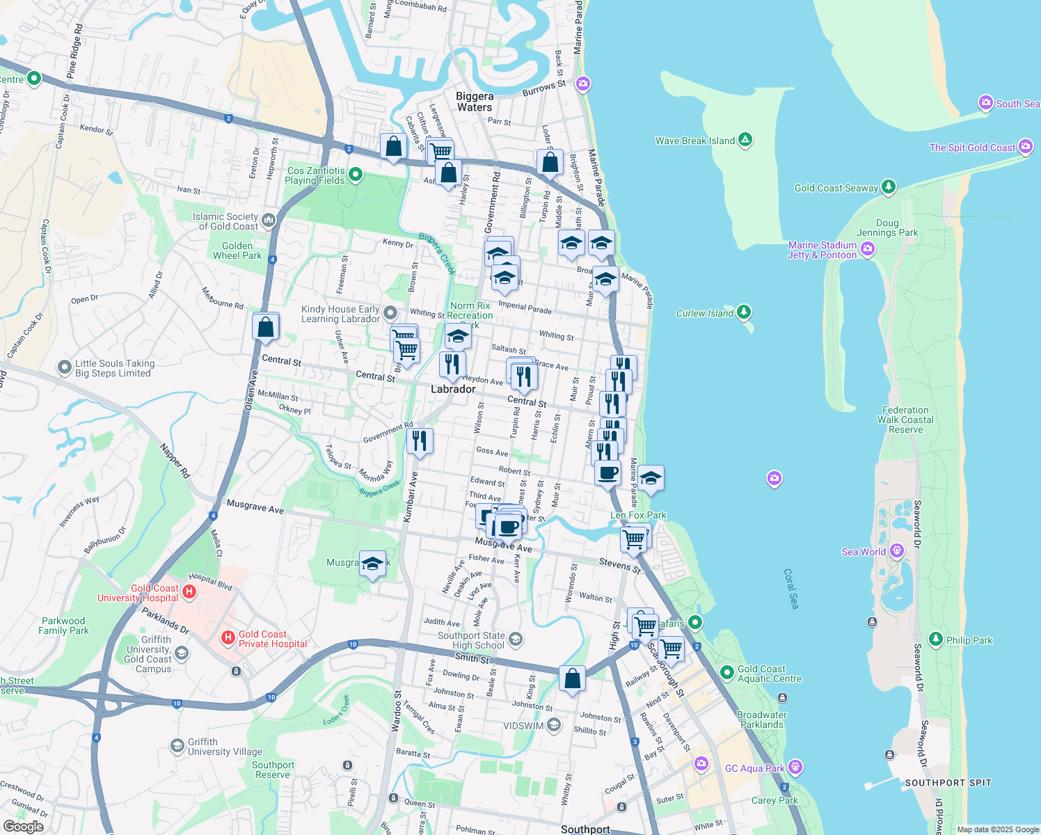 map of restaurants, bars, coffee shops, grocery stores, and more near 97 Turpin Road in Labrador