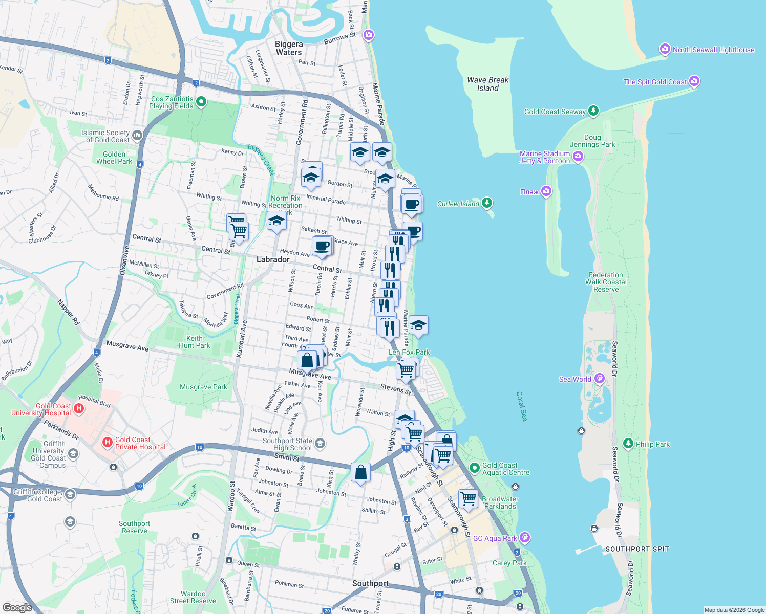 map of restaurants, bars, coffee shops, grocery stores, and more near 7 Phillip Street in Labrador