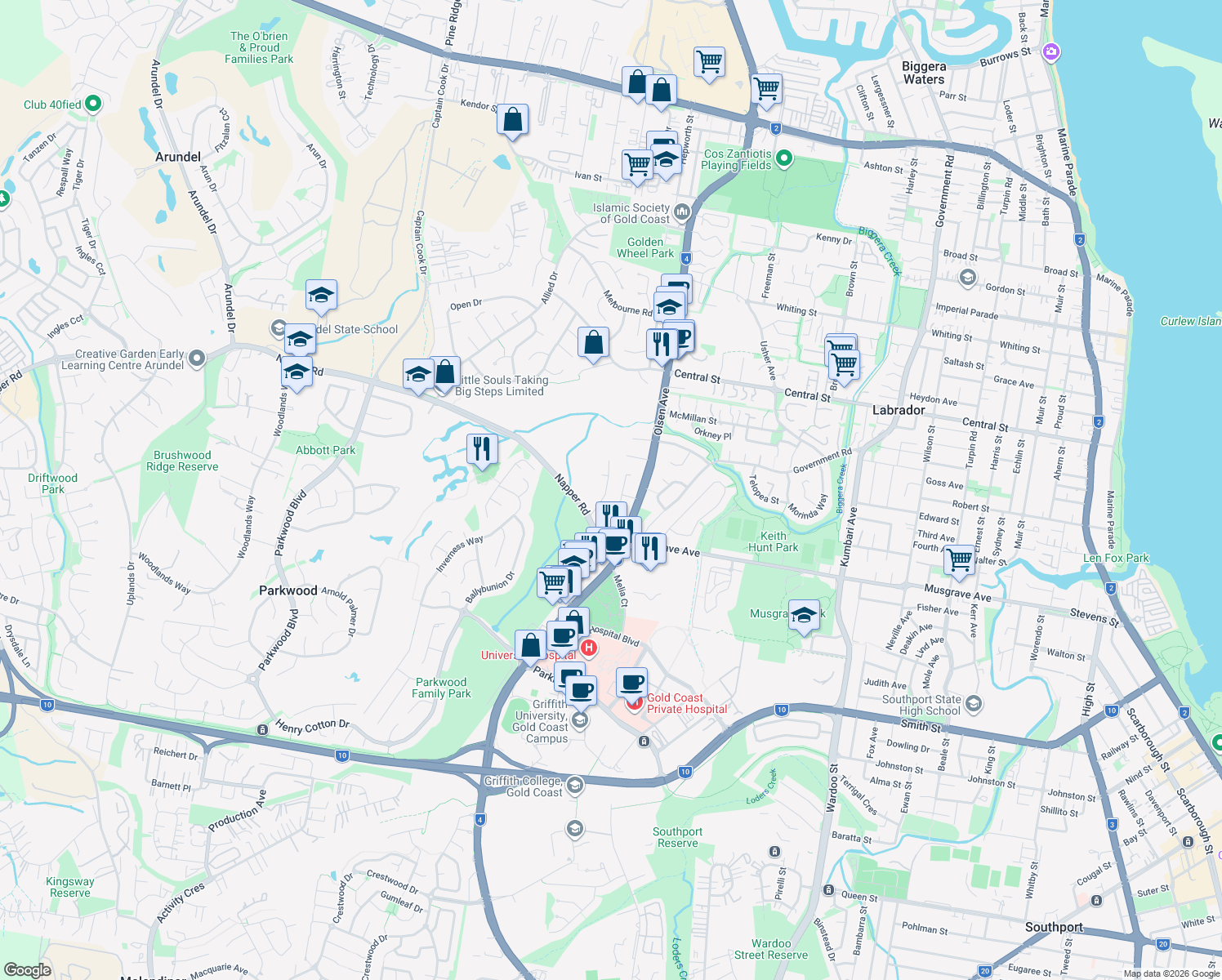 map of restaurants, bars, coffee shops, grocery stores, and more near 15 Nina Parade in Arundel