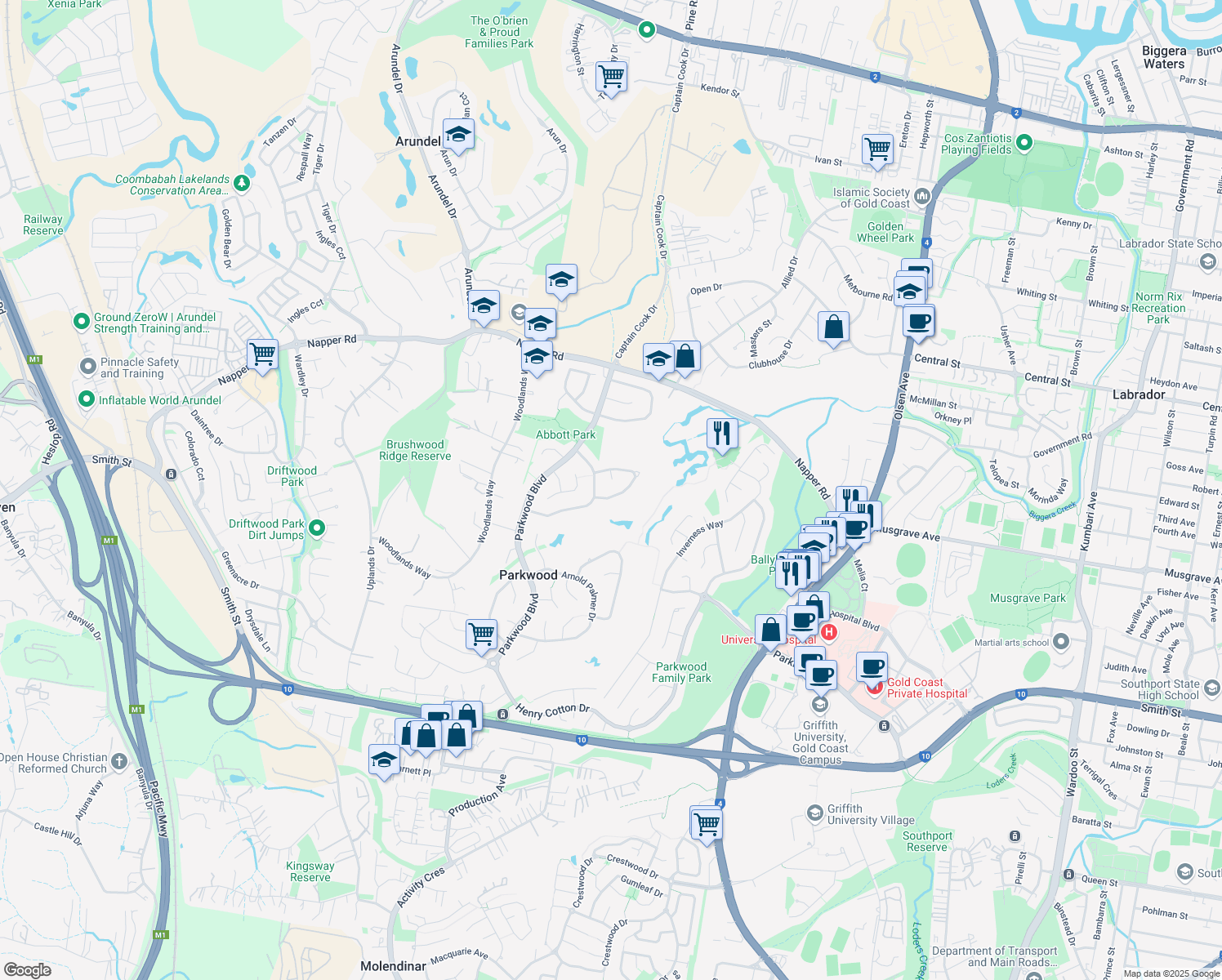 map of restaurants, bars, coffee shops, grocery stores, and more near 23 Ben Hogan Crescent in Parkwood