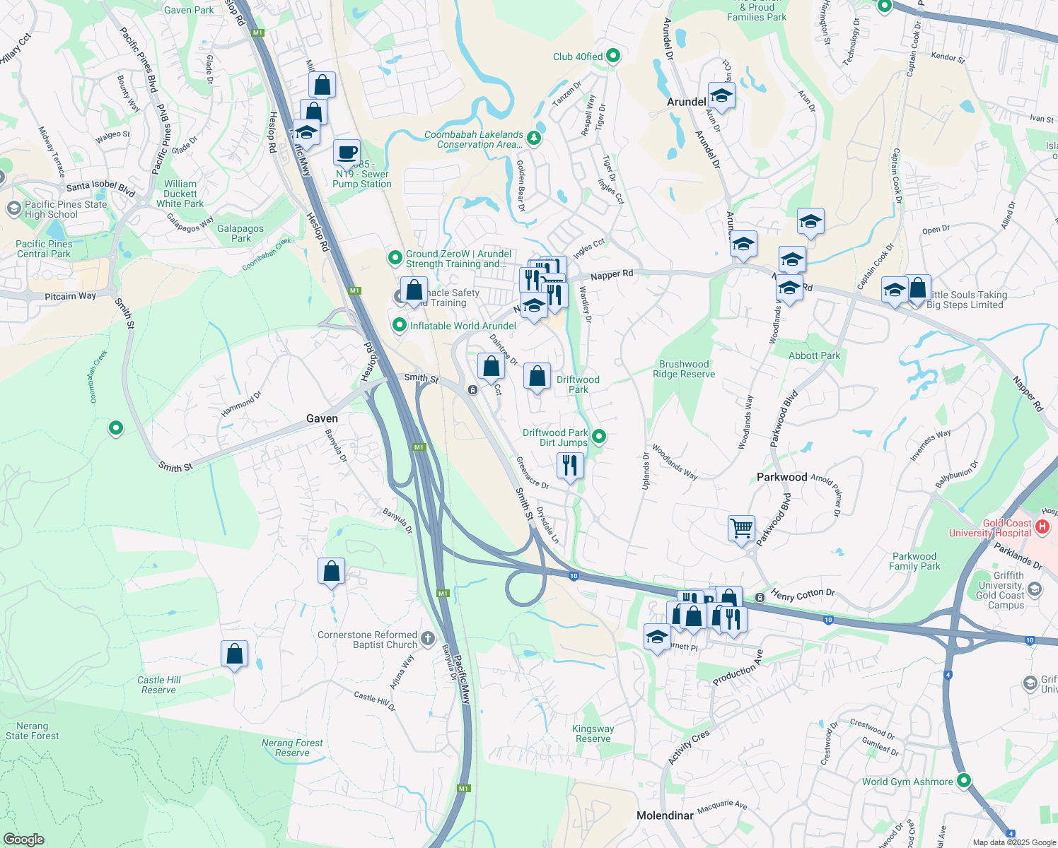 map of restaurants, bars, coffee shops, grocery stores, and more near 17 Buddy Holly Close in Parkwood