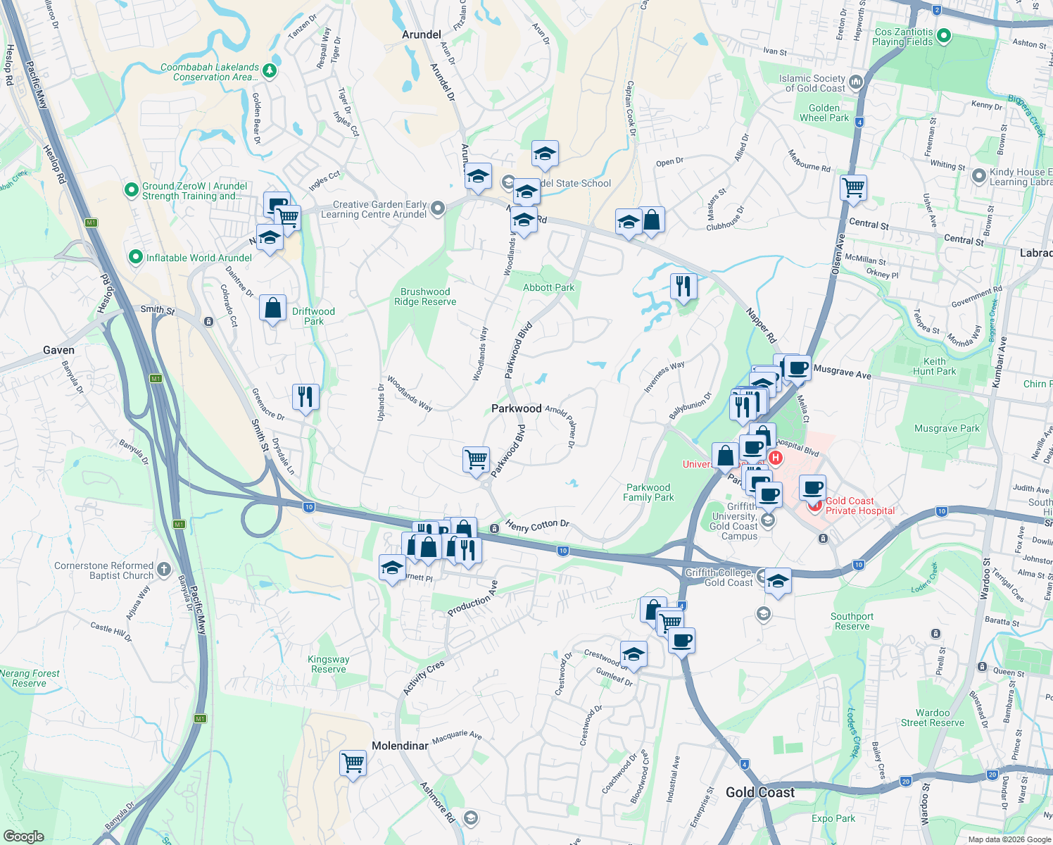 map of restaurants, bars, coffee shops, grocery stores, and more near 90 Parkwood Boulevard in Parkwood