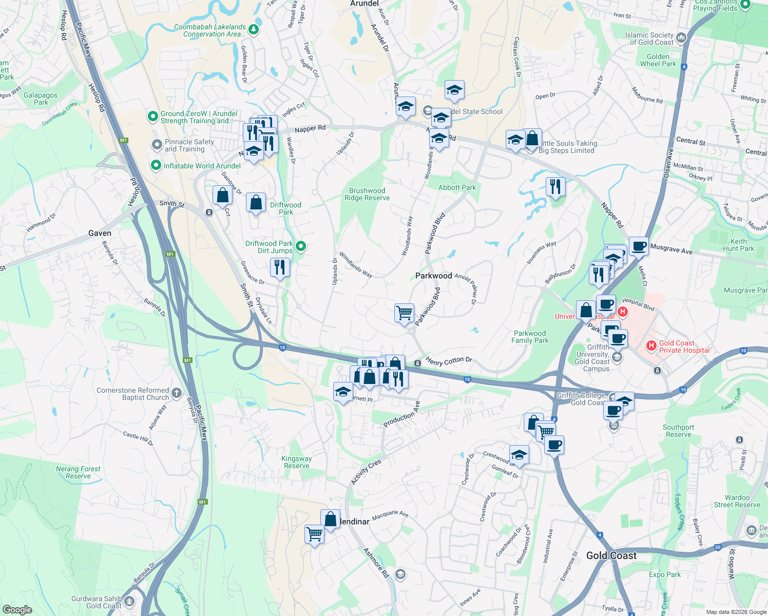 map of restaurants, bars, coffee shops, grocery stores, and more near 24 Stadler Court in Parkwood