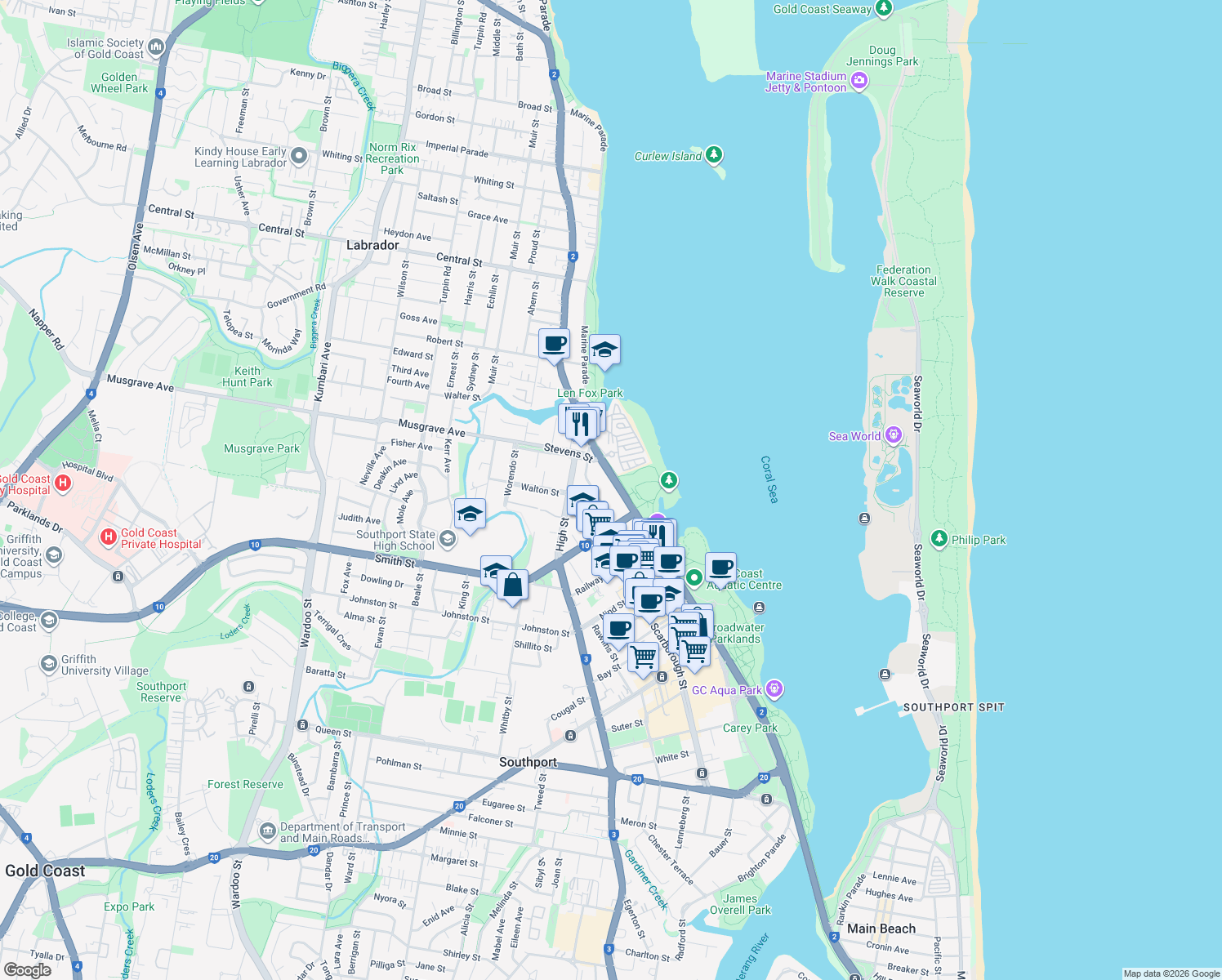 map of restaurants, bars, coffee shops, grocery stores, and more near 140 Marine Parade in Southport