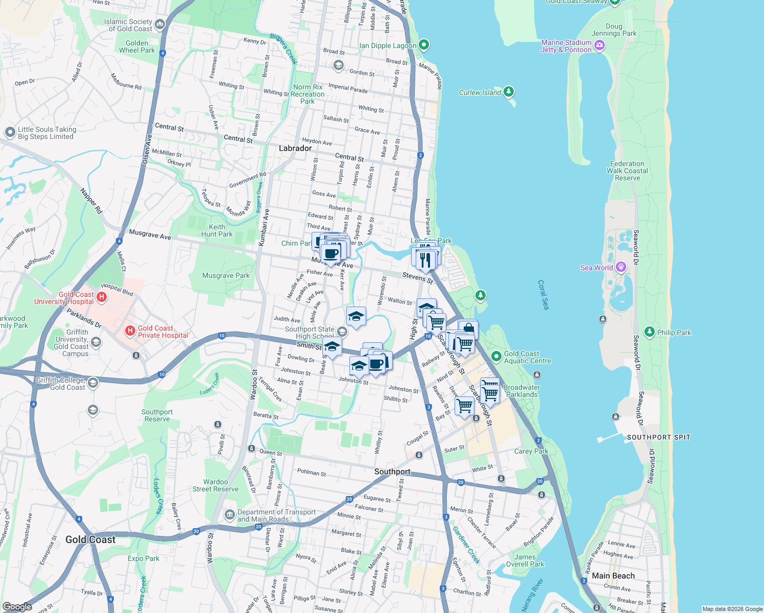 map of restaurants, bars, coffee shops, grocery stores, and more near 57 Worendo Street in Southport