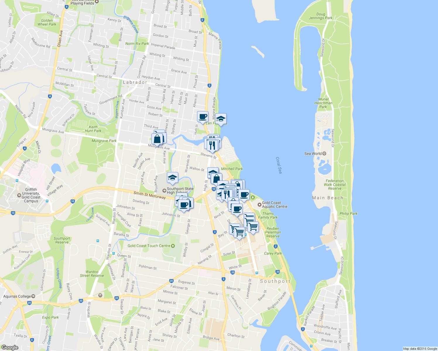 map of restaurants, bars, coffee shops, grocery stores, and more near 14-18 Little Norman Street in Southport