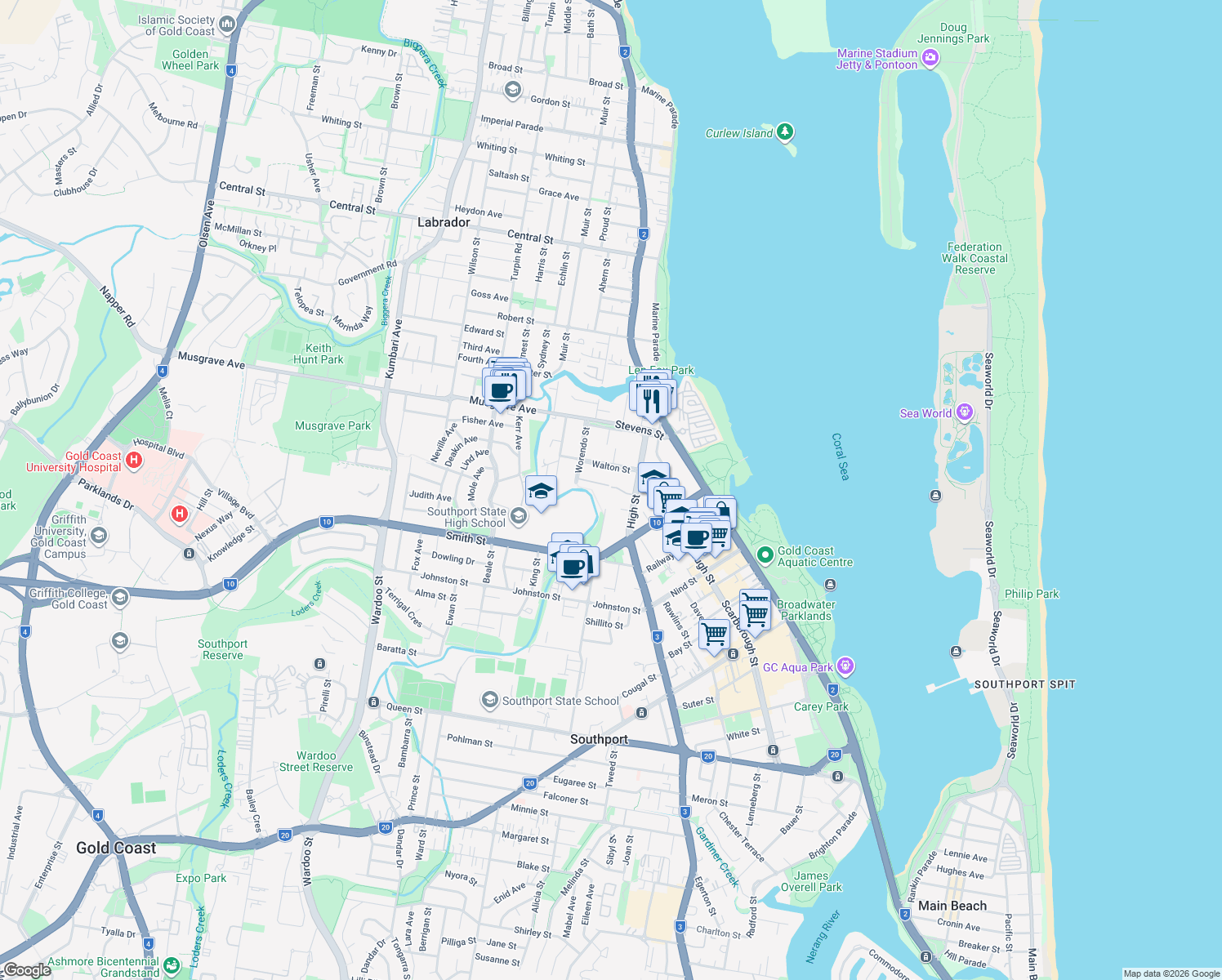map of restaurants, bars, coffee shops, grocery stores, and more near 164 High Street in Southport