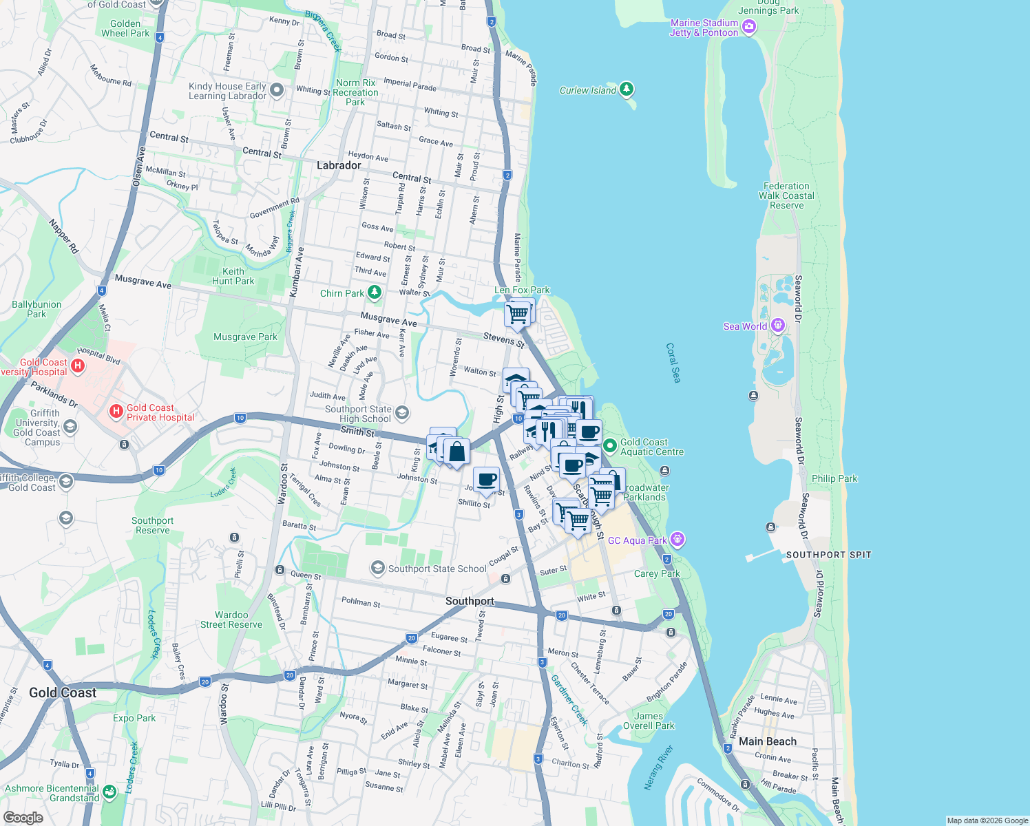 map of restaurants, bars, coffee shops, grocery stores, and more near 3 Tate Street in Southport