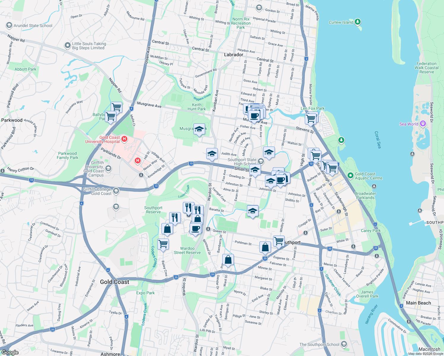 map of restaurants, bars, coffee shops, grocery stores, and more near 22 Fox Avenue in Southport