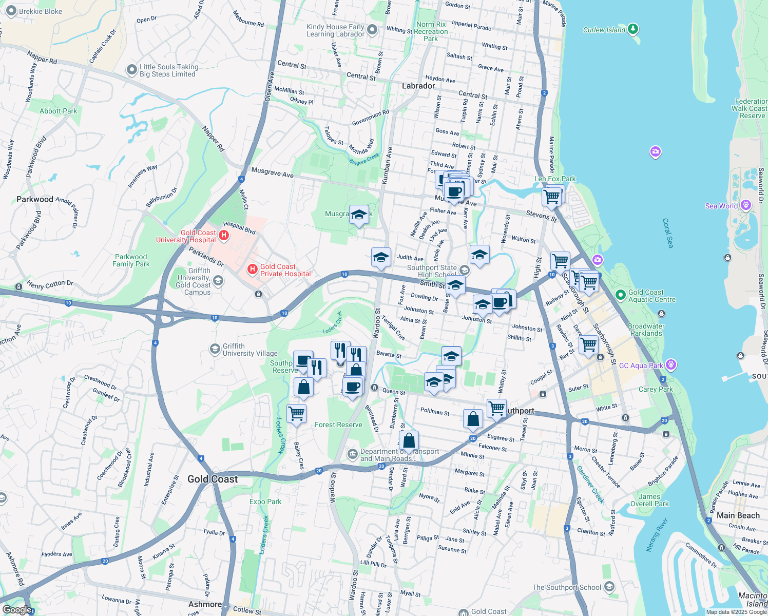 map of restaurants, bars, coffee shops, grocery stores, and more near 168 Johnston Street in Southport