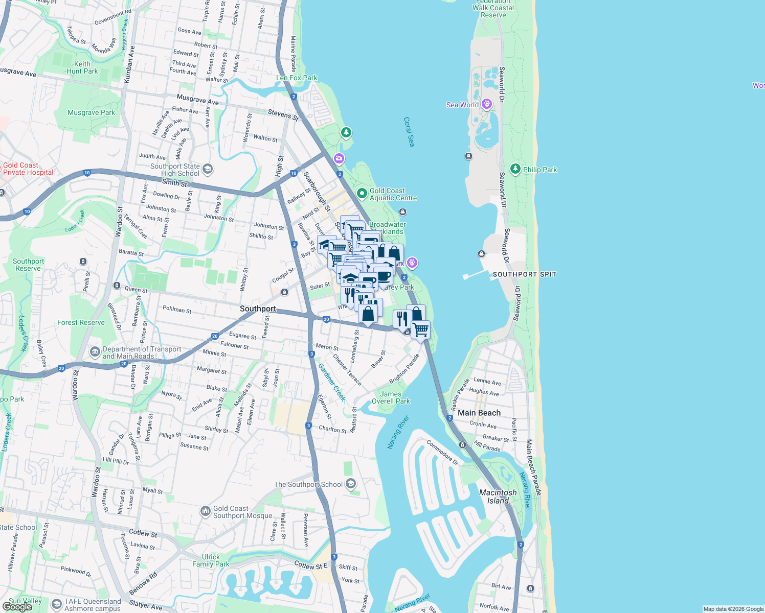 map of restaurants, bars, coffee shops, grocery stores, and more near 2 Marine Parade in Southport