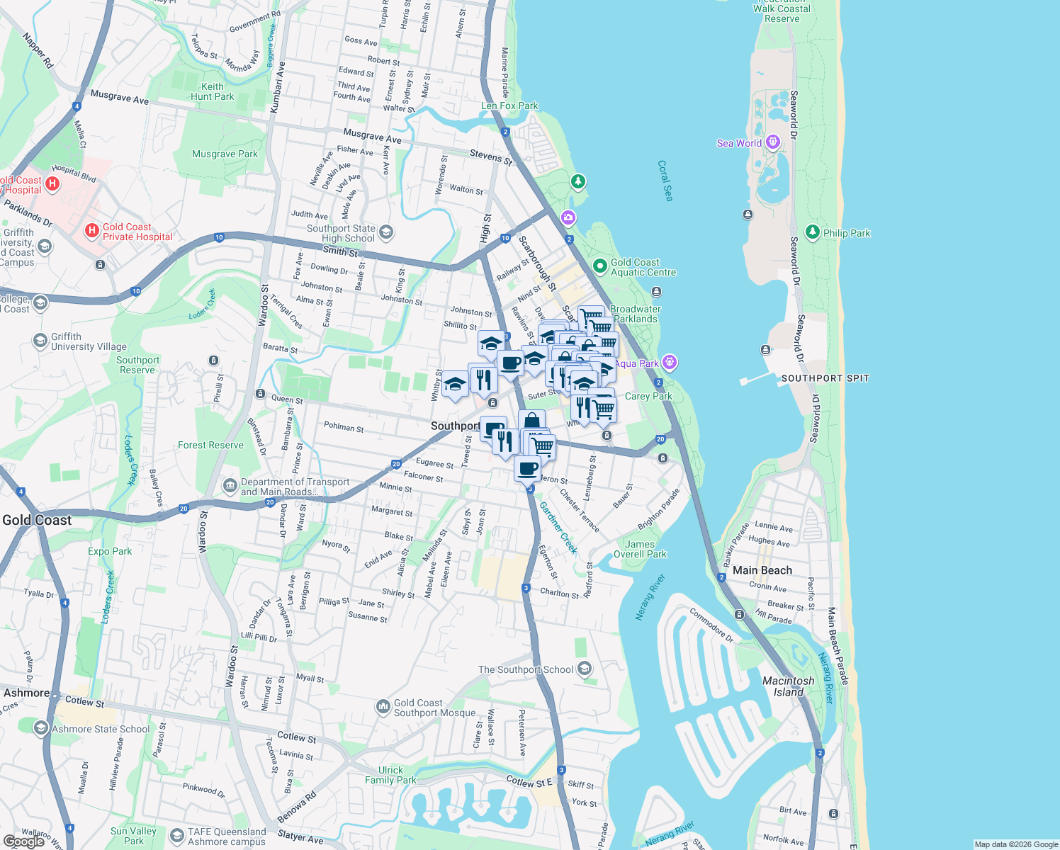 map of restaurants, bars, coffee shops, grocery stores, and more near 5 High Street in Southport