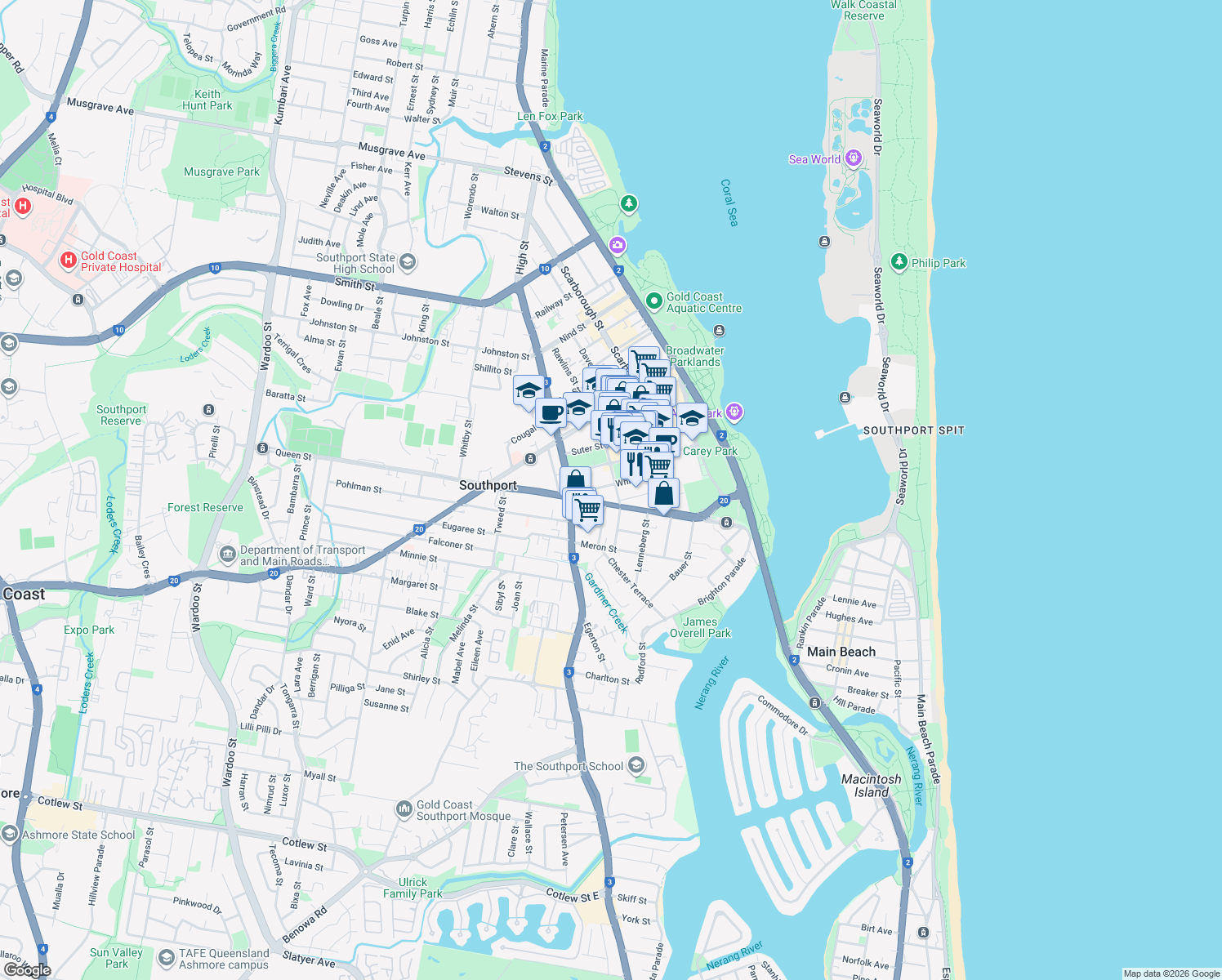 map of restaurants, bars, coffee shops, grocery stores, and more near 6 Garden Street in Southport