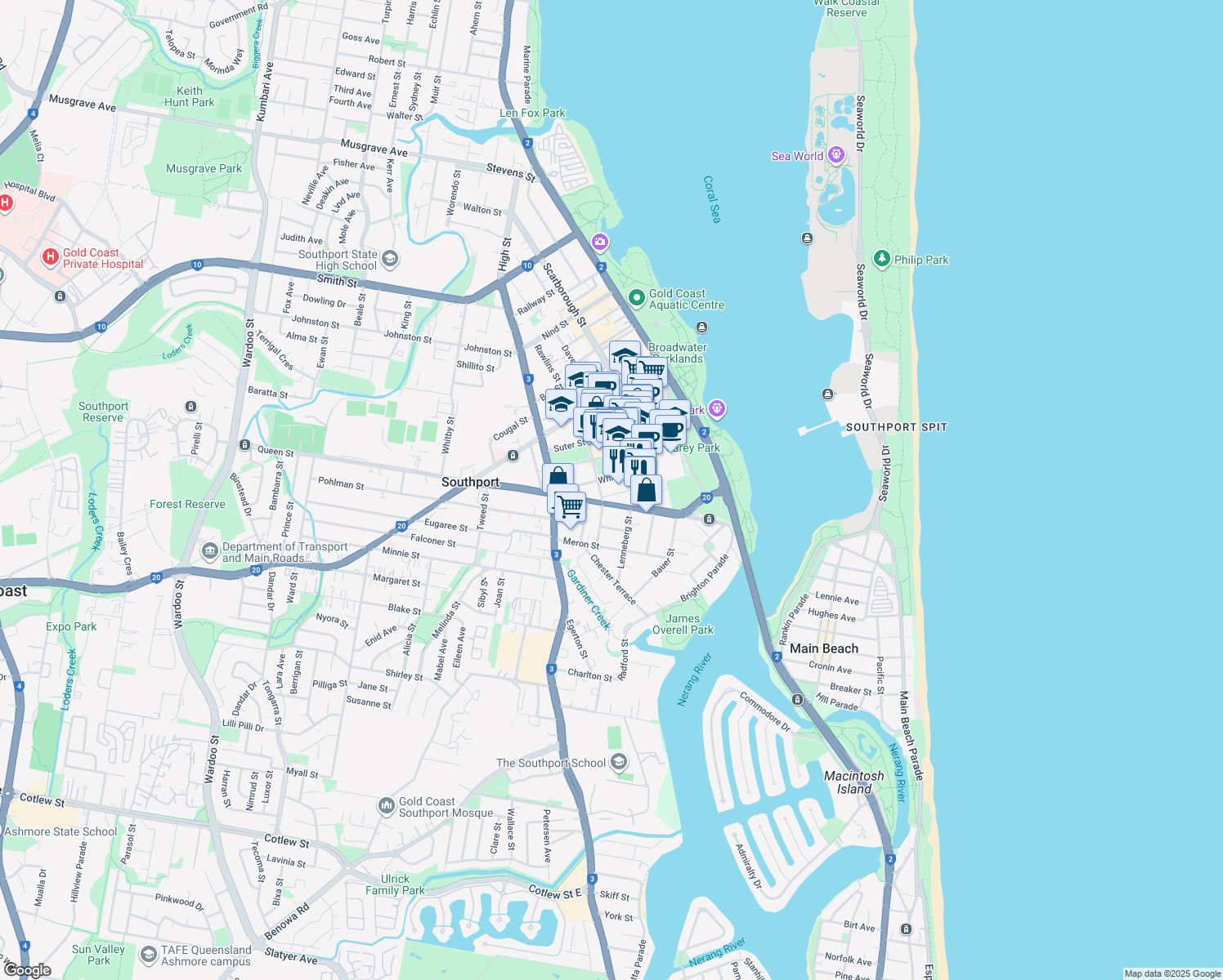 map of restaurants, bars, coffee shops, grocery stores, and more near 15 Owens Lane in Gold Coast